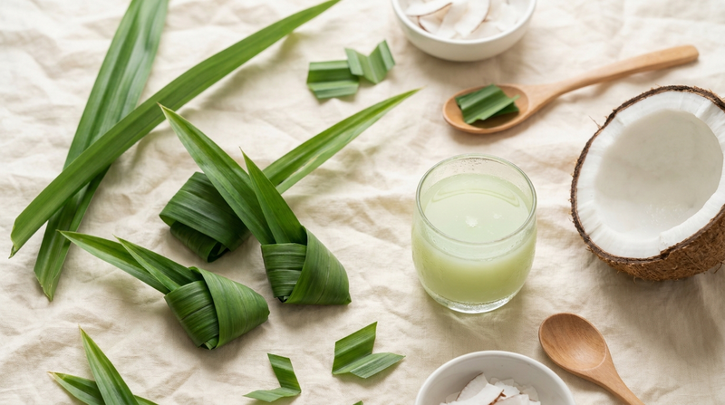 Fresh knotted pandan leaves on pale cream linen with a halved coconut and a small glass of pale green pandan drink.