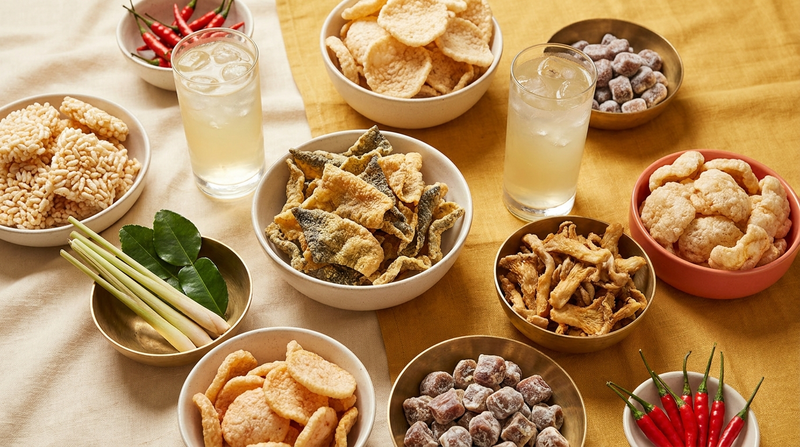 Overhead spread of Thai snack ingredients on cream and mustard linen — crispy fish skin, puffed rice crackers, fried oyster mushrooms, tamarind candy, lemongrass, chillies and a glass of jasmine pandan drink.