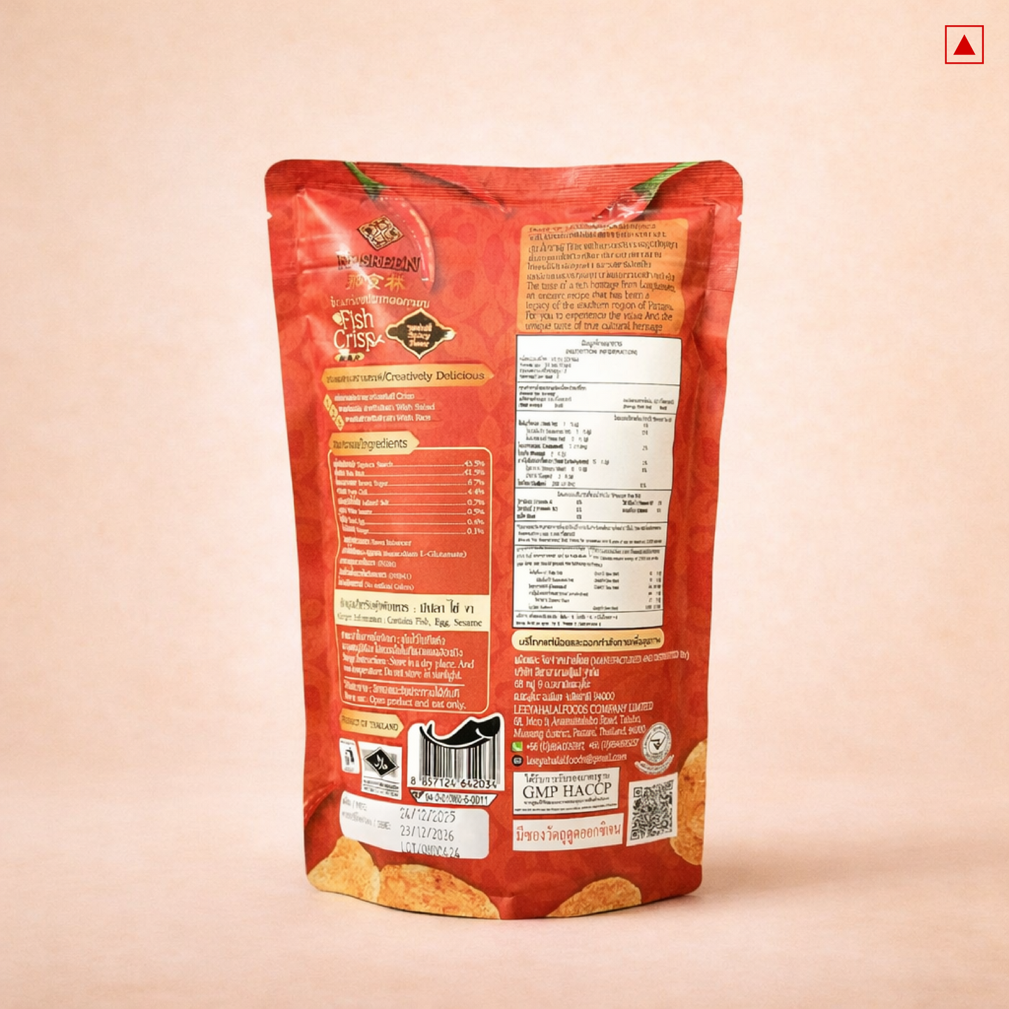 Nasreen Fish Crisp snack packet backside with branding and text on a beige background