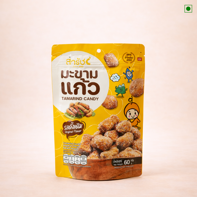 Packaging of tamarind candy with a yellow background