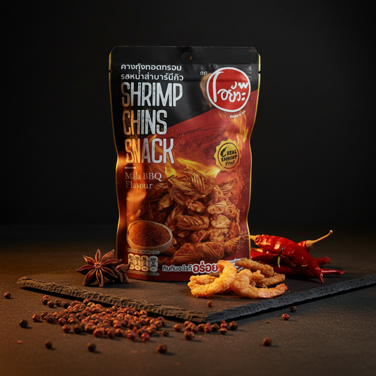 Shrimp chins snack package with spices and a red chili pepper on a dark background