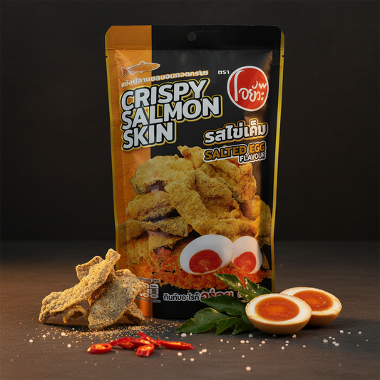 Packaged crispy salmon skin snacks with ingredients on a dark background