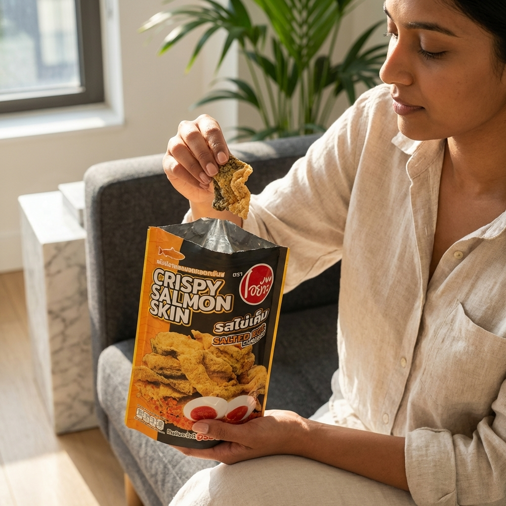 Holding a pack of crispy salmon skin at home