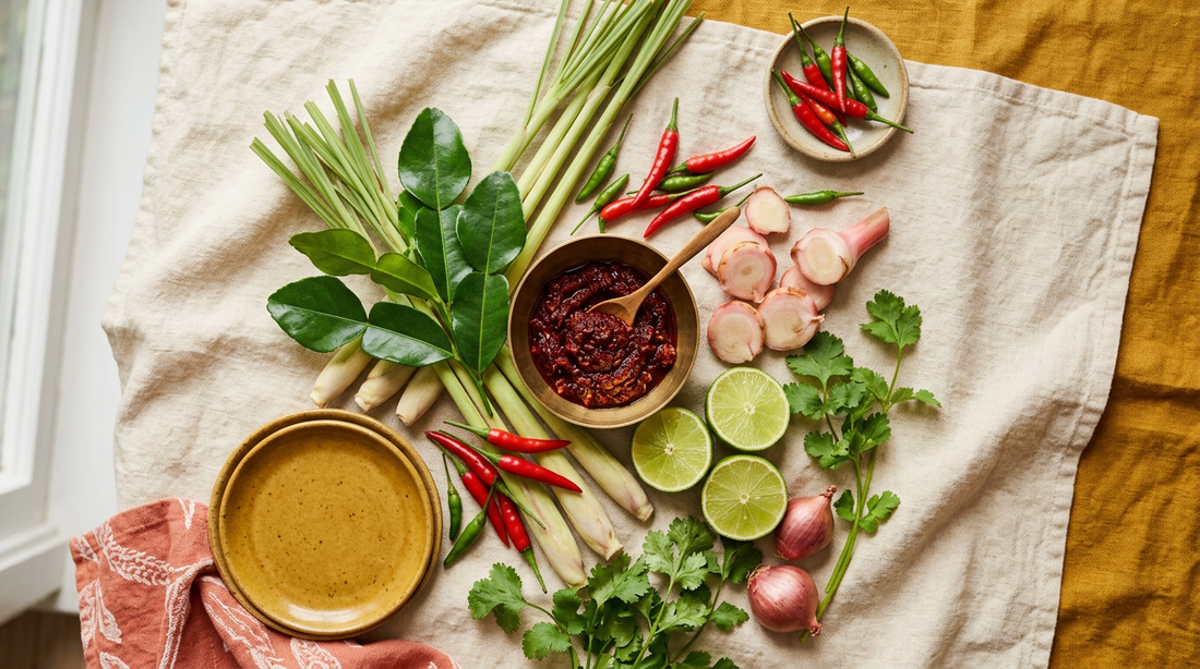 Fresh tom yum aromatics on cream linen — lemongrass stalks, kaffir lime leaves, red bird's-eye chillies, sliced galangal and halved limes beside a brass bowl of chilli paste.