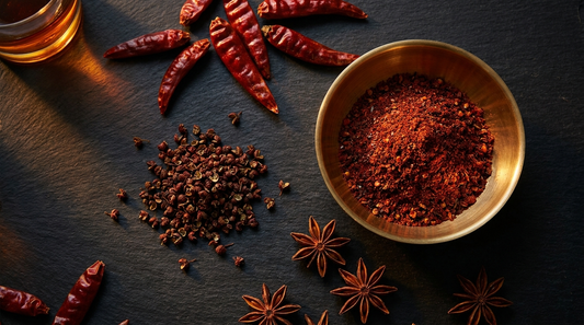 Mala spice ingredients on dark slate — Sichuan peppercorns, dried red chillies and star anise beside a brass bowl of deep red mala blend.