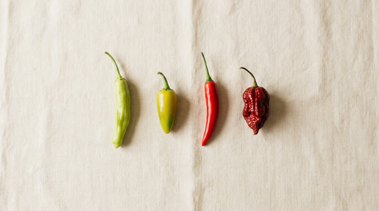 Four fresh chillies in a row on cream linen, ascending in heat from pale green to dark red — illustrating PLB's 0 to 3 chilli heat scale.