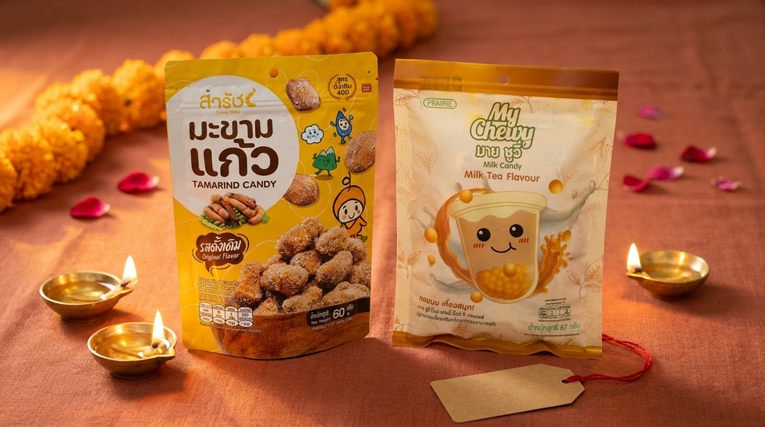 Sarach tamarind candy and My Chewy milk tea candy pouches beside lit brass diyas and a marigold garland — Diwali snack hamper picks from PLB