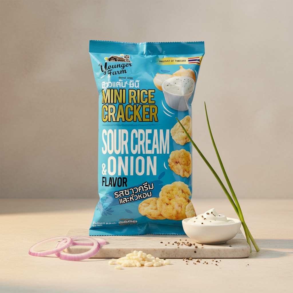 Package of Mini Rice Cracker Sour Cream & Onion flavor on a neutral background