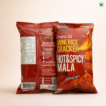 Two packages of Mini Rice Cracker Hot & Spicy Mala flavor on a light beige background