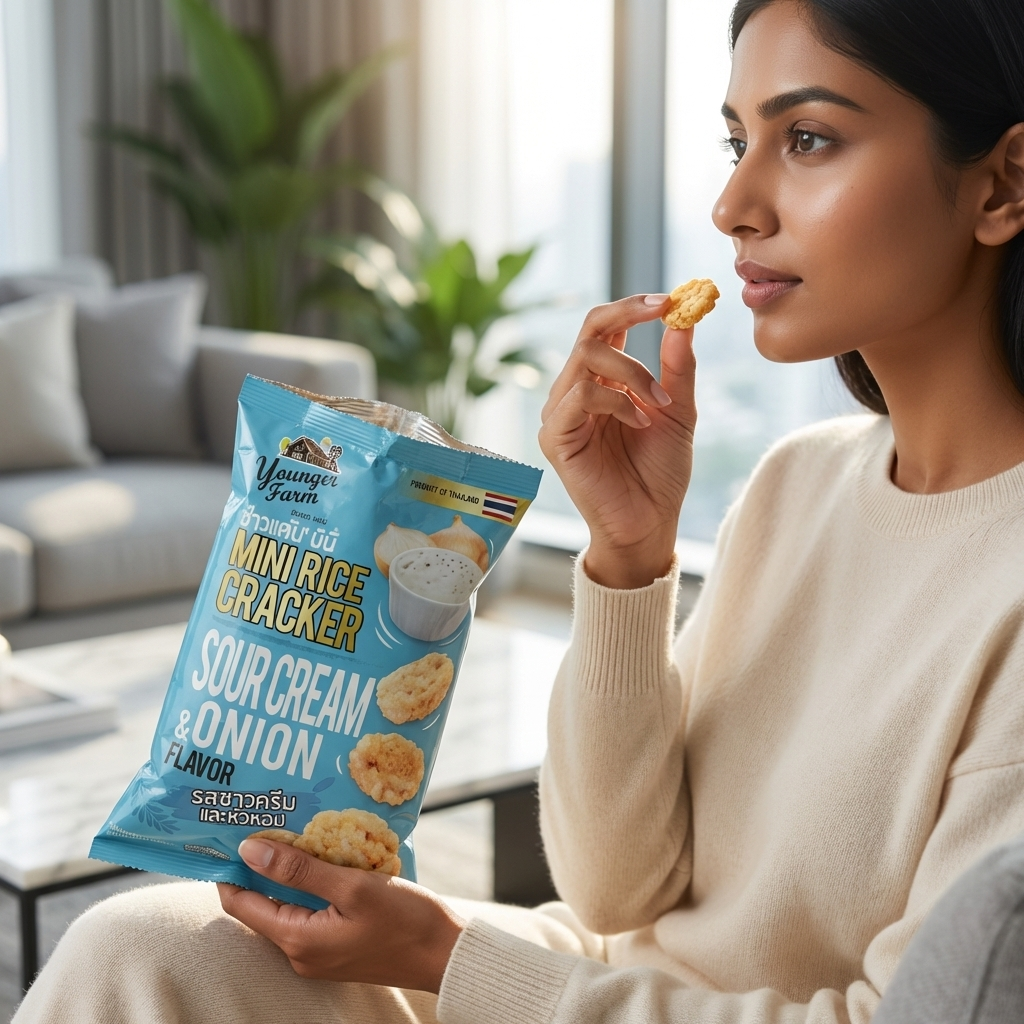 Woman holding a package of Sour Cream & Onion Mini Rice Crackers in a living room setting.