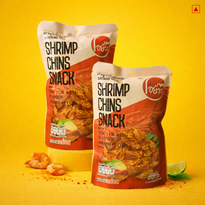 Two packages of Shrimp Chins Snack on a yellow background