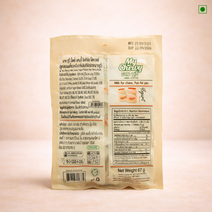 Package of 'My Chewy' milk candy with nutritional information on a beige background