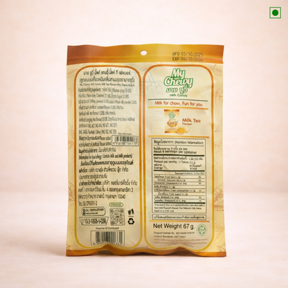 My Chewy Milk tea candy package with nutritional information on a beige background