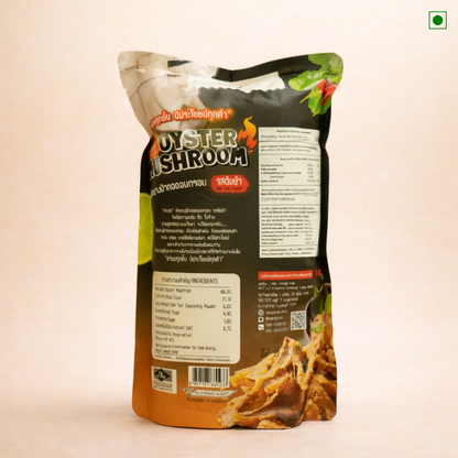 Oyster mushroom packaging with nutritional information on a beige background