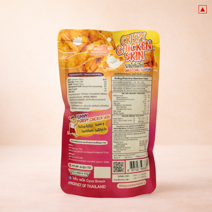Packaging of crispy chicken skin snack with nutritional information on a beige background