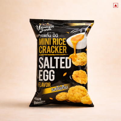 Packaged mini rice crackers with salted egg flavor on a beige background