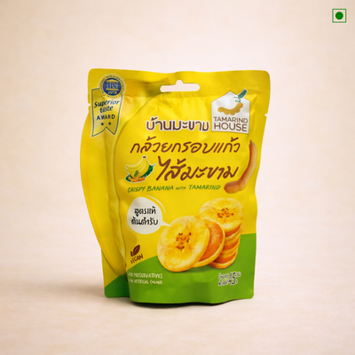 Packaged snack with Tamarind House branding on a beige background