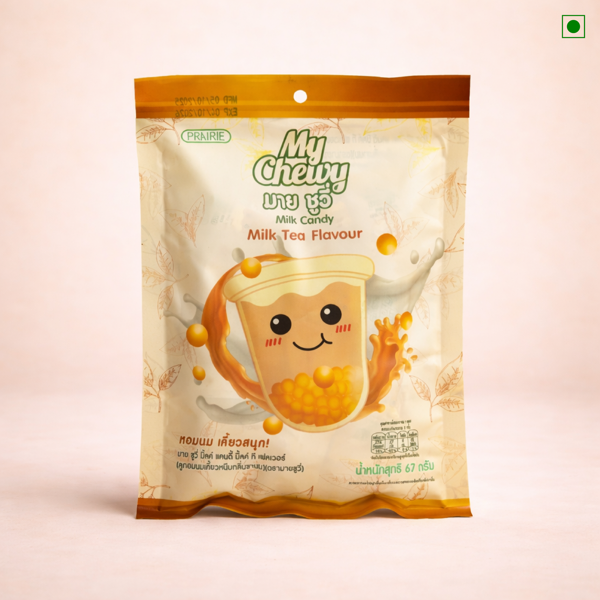 Packaging of My Chewy Milk Tea Flavour candy with a cartoon character on a light pink background.