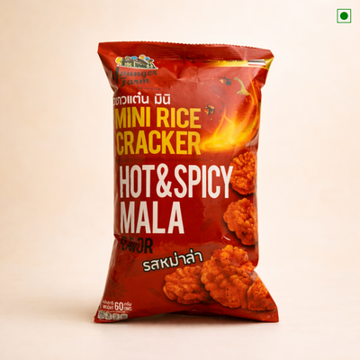 Packaged mini rice crackers labeled 'Hot & Spicy Mala' on a beige background