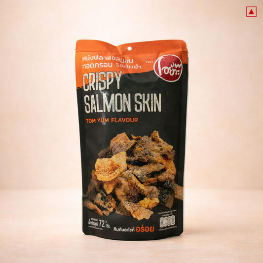 crispy salmon skin snack with tom yum flavor on a beige background