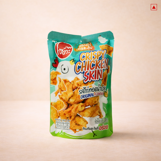 Packaging of crispy chicken skin snack with brand logo on a beige background