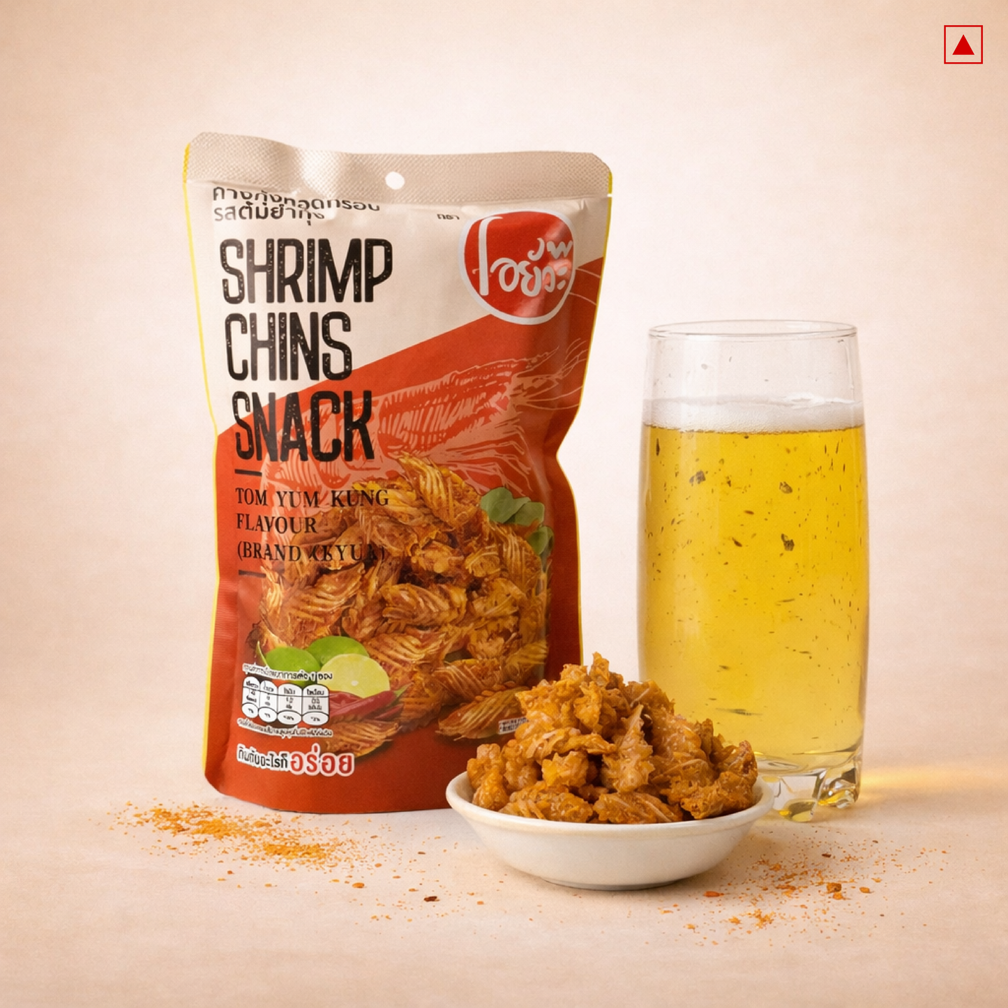 Shrimp chins snack package with a glass of beer on a beige background