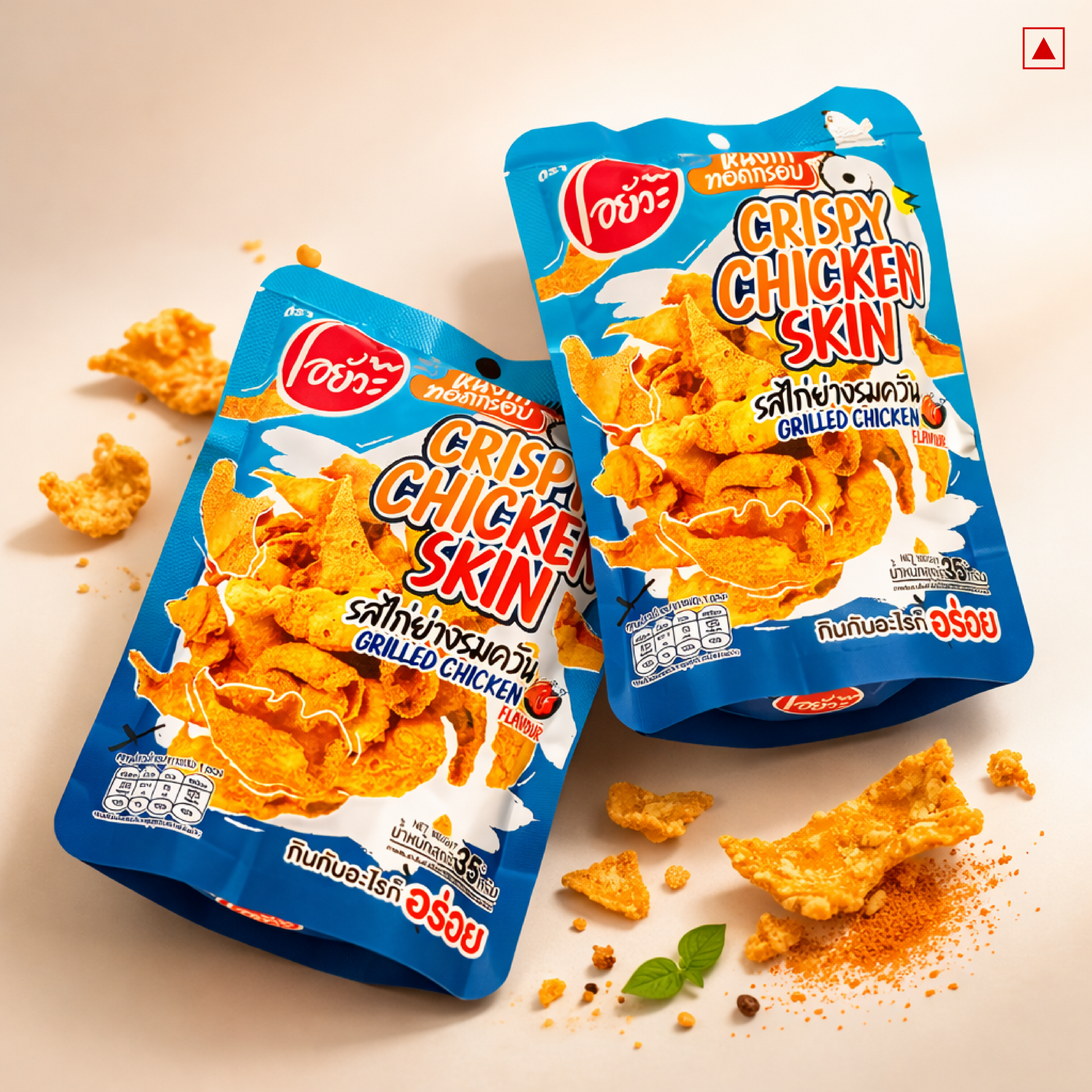 Two packages of crispy chicken skin snacks on a beige background