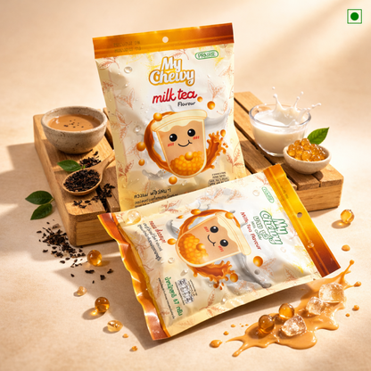 Two packages of 'My Chewy' milk tea flavor on a wooden tray with tea ingredients.