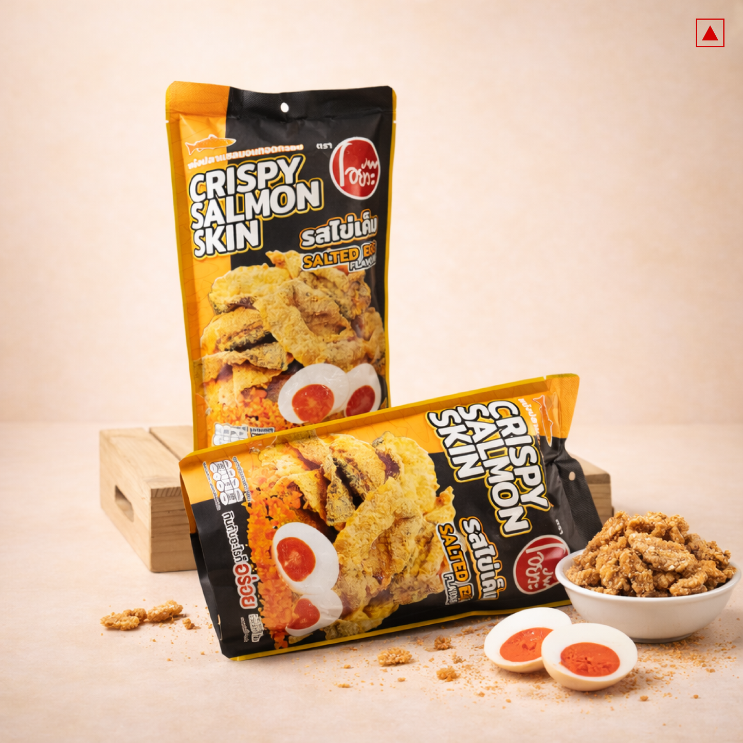 Two packages of Crispy Salmon Skin snacks on a light background
