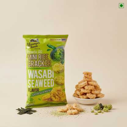 Packaging of Wasabi Seaweed Mini Rice Crackers with crackers on a beige background