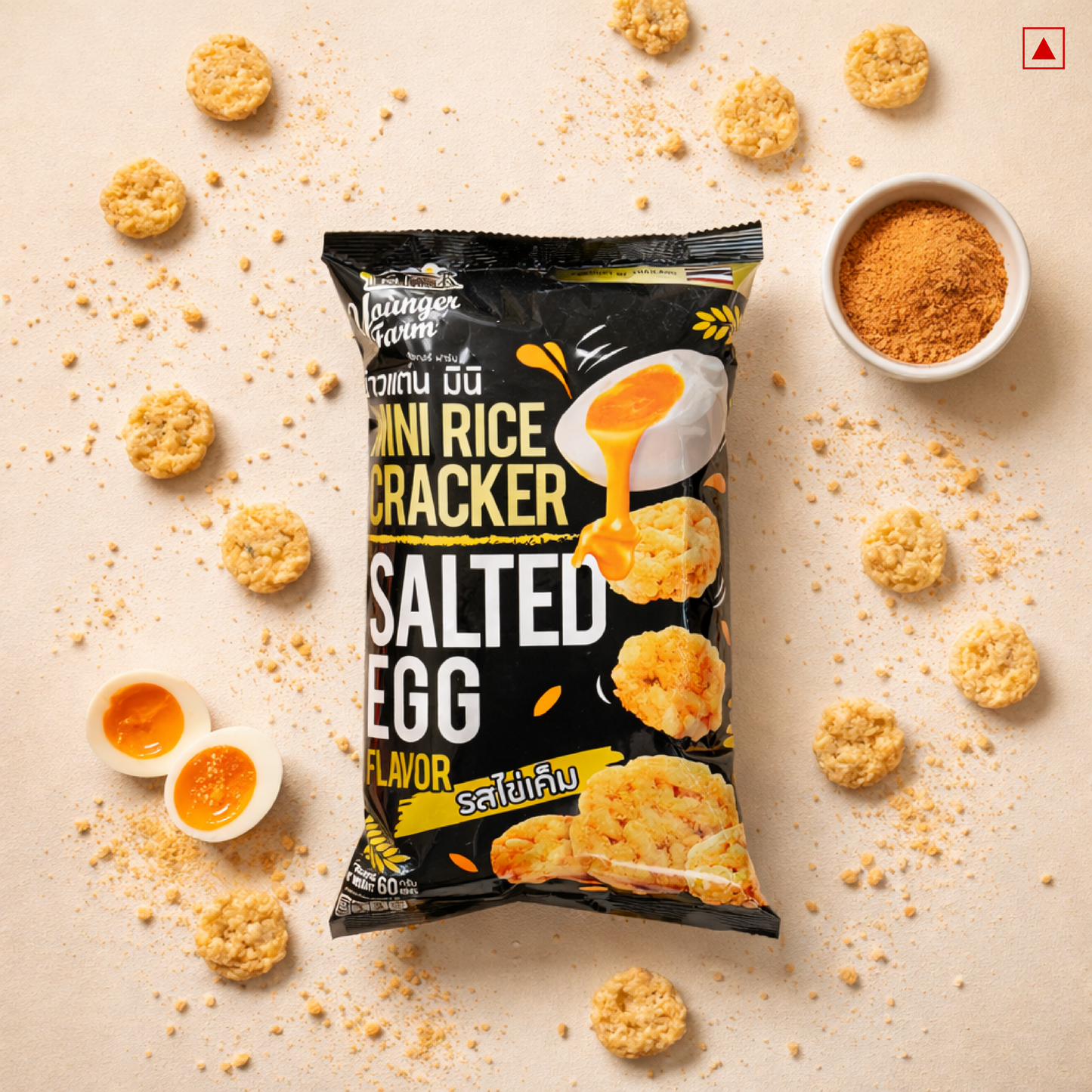 Packaged salted egg rice crackers with crackers and seasoning on a beige background