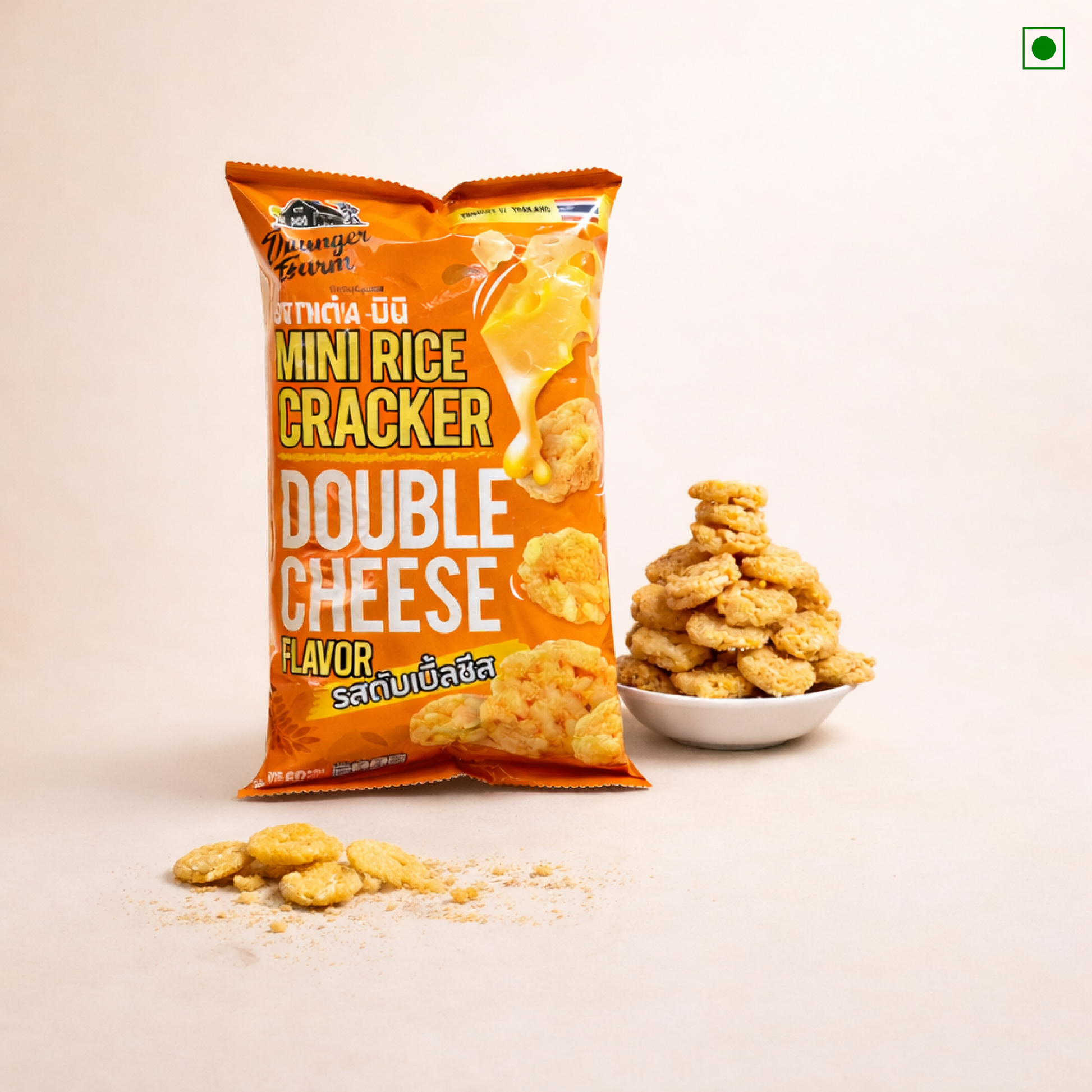 Packaged mini rice crackers with double cheese flavor on a beige background