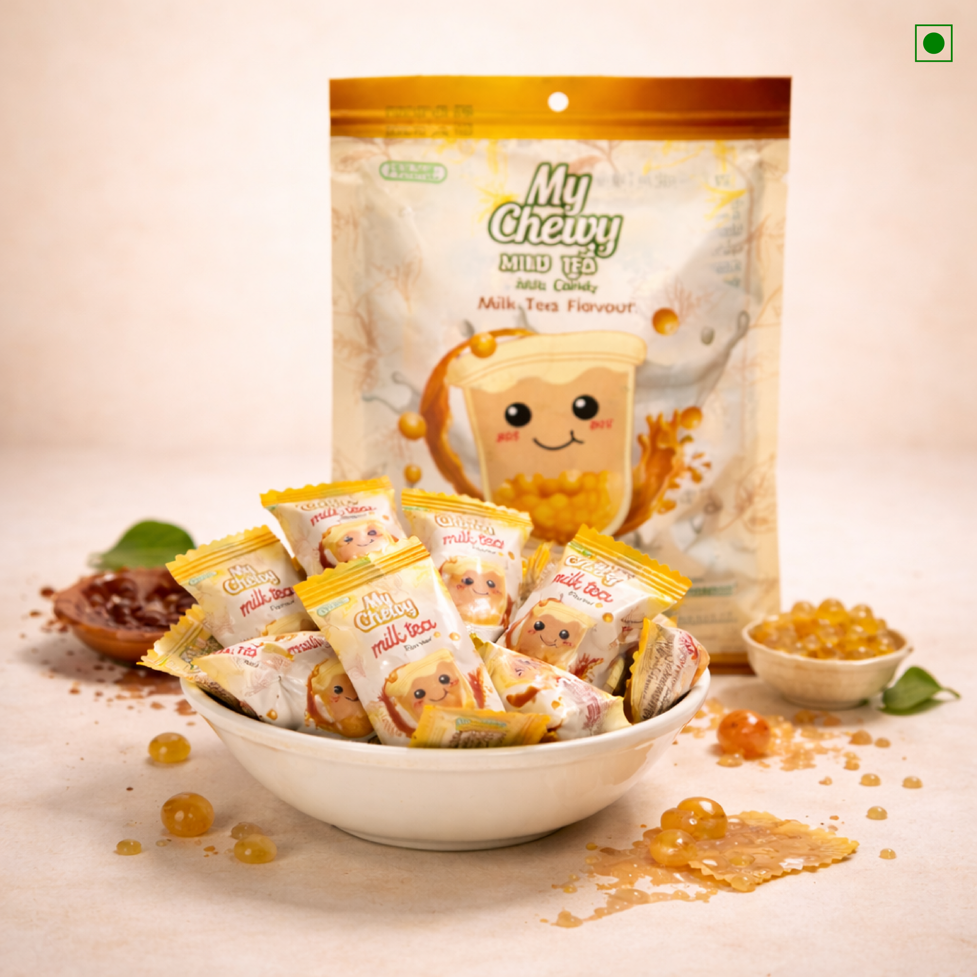 Packaging of 'My Chewy Milk Tea' with small packets in a bowl on a light background