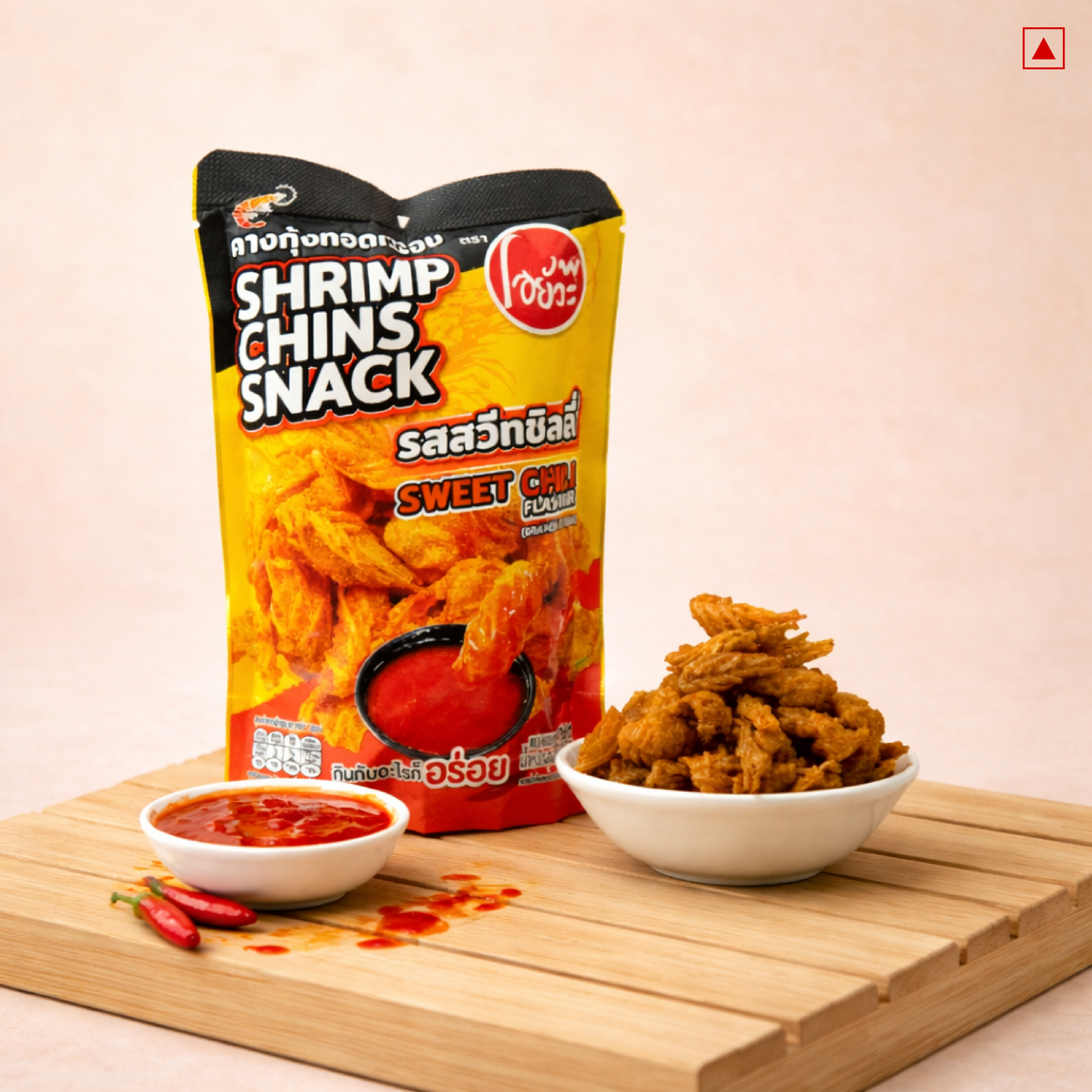 Shrimp chins snack package with snacks and sauce on a wooden board