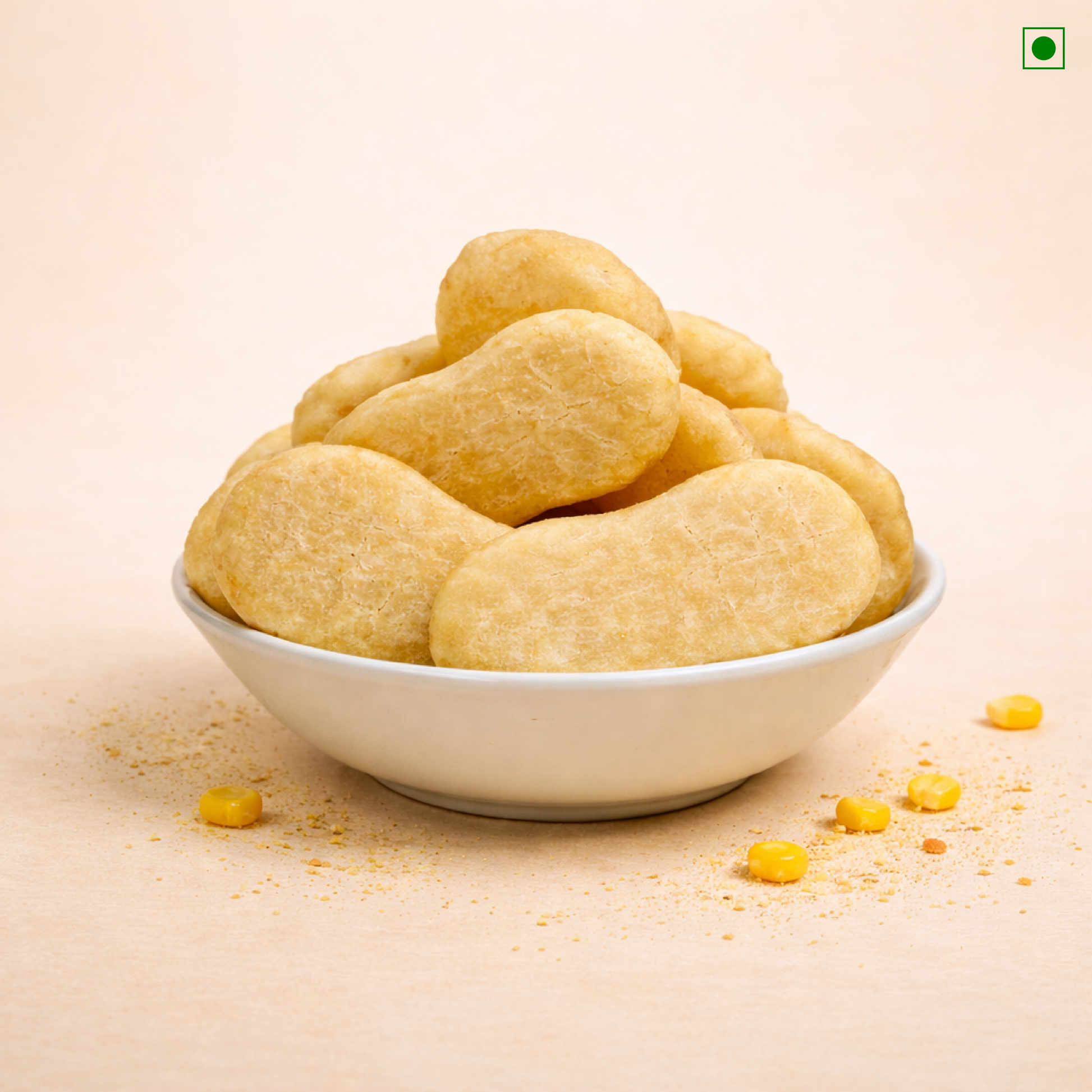 White bowl filled with yellow snacks on a beige background