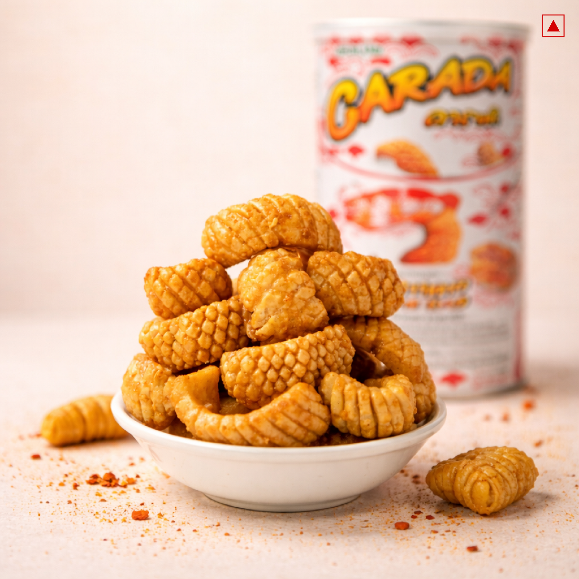 Bowl of snack sticks with a can of Carada snack in the background