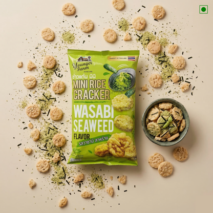 Green package of Wasabi Seaweed Mini Rice Crackers with crackers around on a beige background