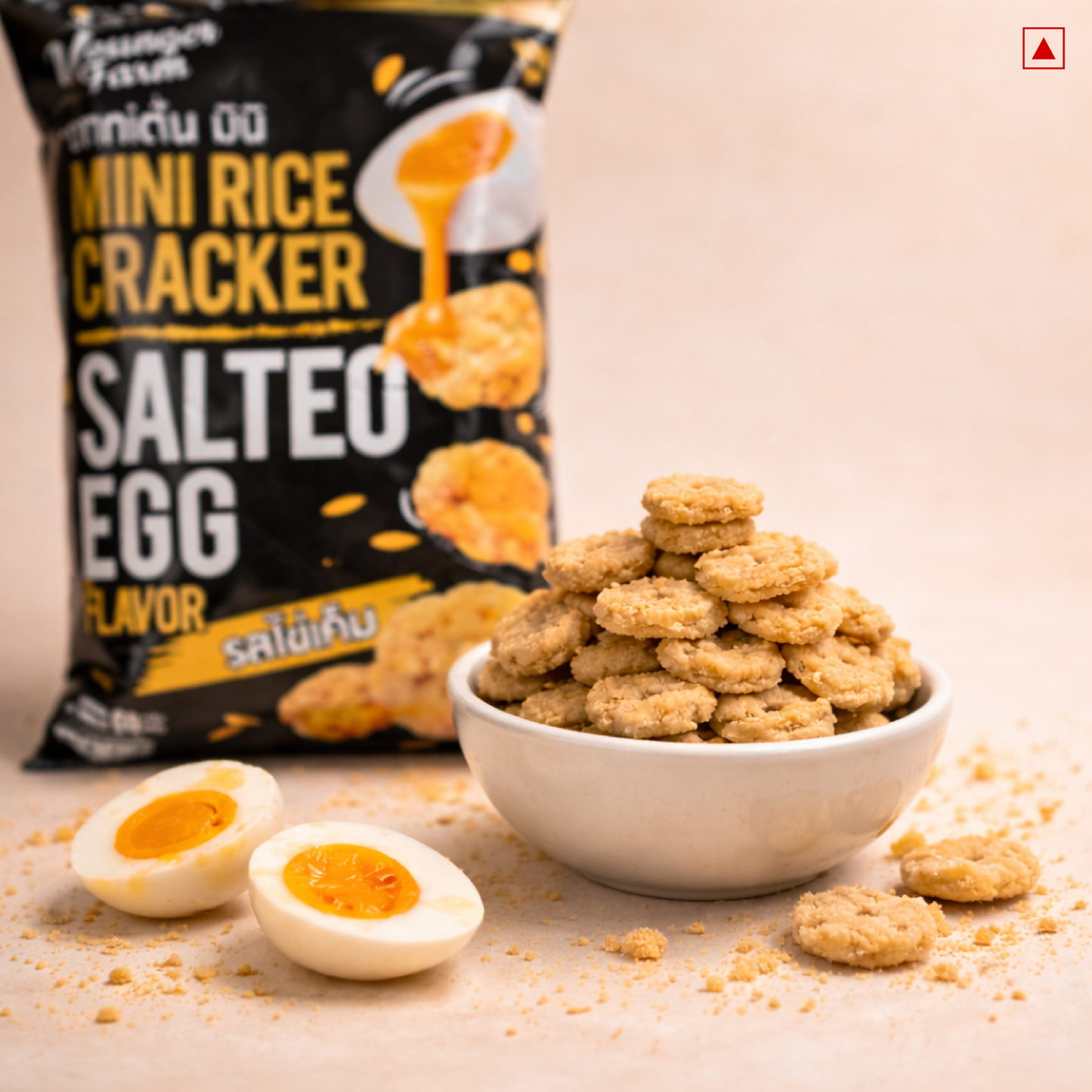 Salted egg mini rice crackers served in a bowl with the pack