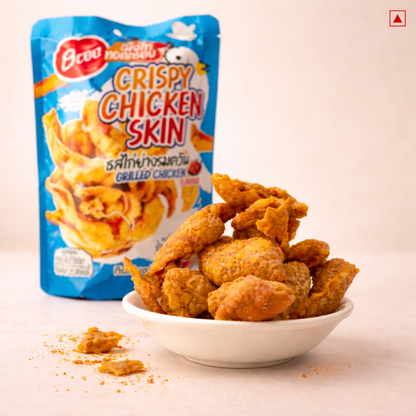 Crispy chicken skin in a bowl with a package labeled 'Crispy Chicken Skin' in the background.