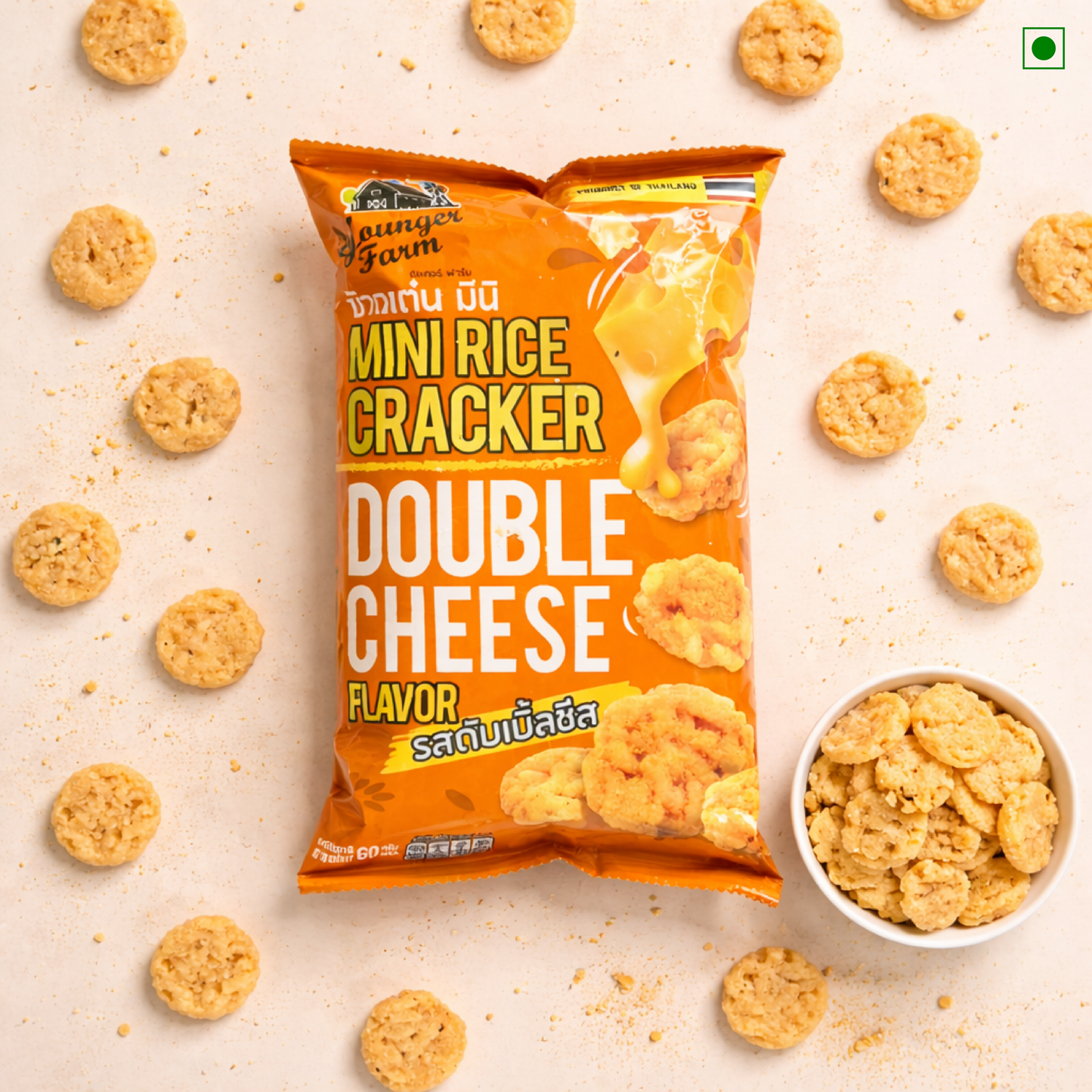 Packaged Double Cheese Mini Rice Crackers with crackers around on a light background