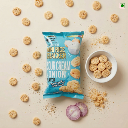 Sour Cream and Onion flavored mini rice crackers with packaging on a beige background