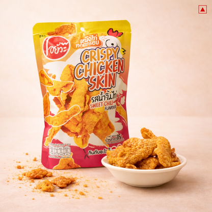 Packaged crispy chicken skin with a bowl of chicken pieces on a beige background