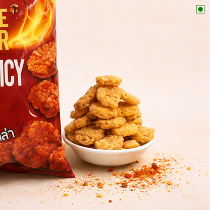 Spicy snack packet with a bowl of snacks on a light background
