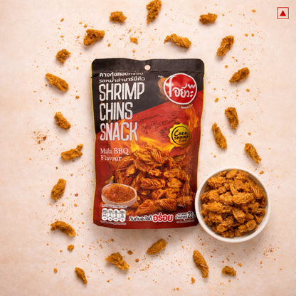 Shrimp chins snack package with scattered snacks on a beige background