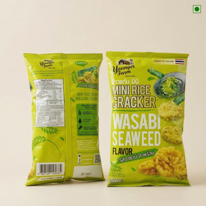 Two packages of Younger Farm Mini Rice Cracker Wasabi Seaweed Flavor on a beige background