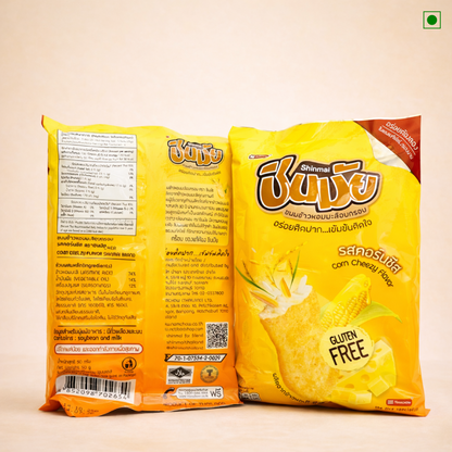 Shinmai corn cheese flavor snack package on a beige background