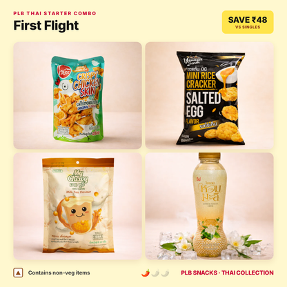 First Flight Thai starter combo — chicken skin, salted egg rice cracker, milk tea candy and jasmine pandan drink