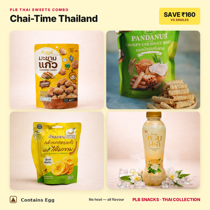 Chai-Time Thailand sweets combo — tamarind candy, pandan coconut rolls, banana crisp and jasmine pandan drink — contains egg — save ₹160 vs singles