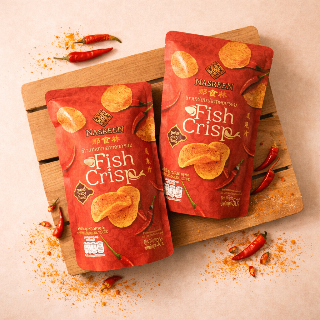 Two packages of Nasreen Fish Crisp on a wooden board with red peppers and spices.