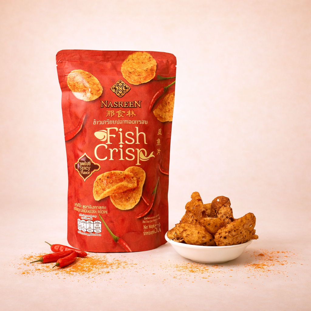 Red package of Nasreen Fish Crisp with a bowl of fish crisp and red peppers on a beige background